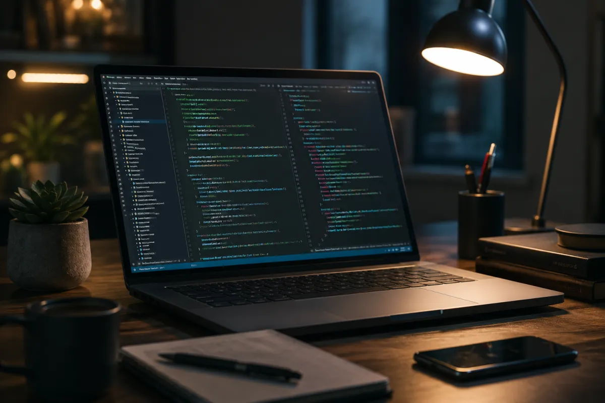 A futuristic AI-powered developer workspace showing code being generated automatically from natural language prompts, representing the concept of vibe coding in 2026