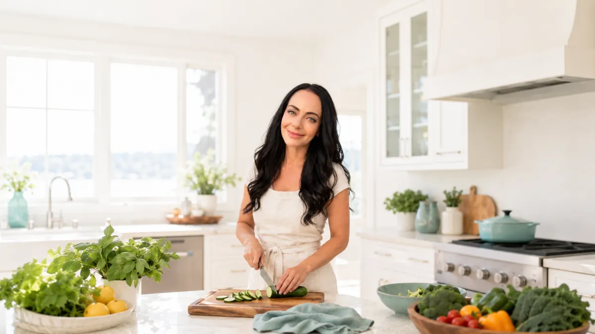 Jen Sells slicing cucumber at a bright kitchen island surrounded by fresh herbs and vegetables