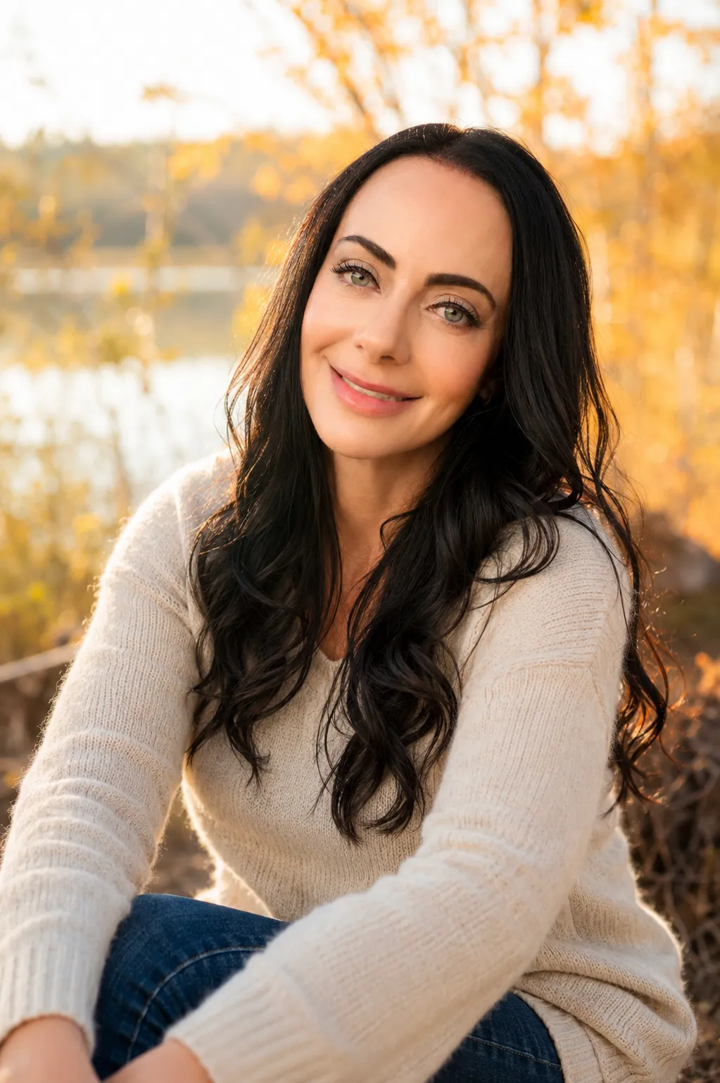 Portrait of Jen Sells outdoors at golden hour by a lake with autumn foliage
