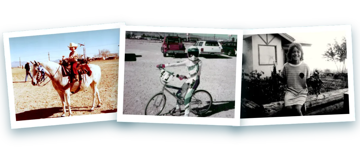 Young Jen through the years — on a horse at a rodeo, on her BMX bike, and in front of the family house