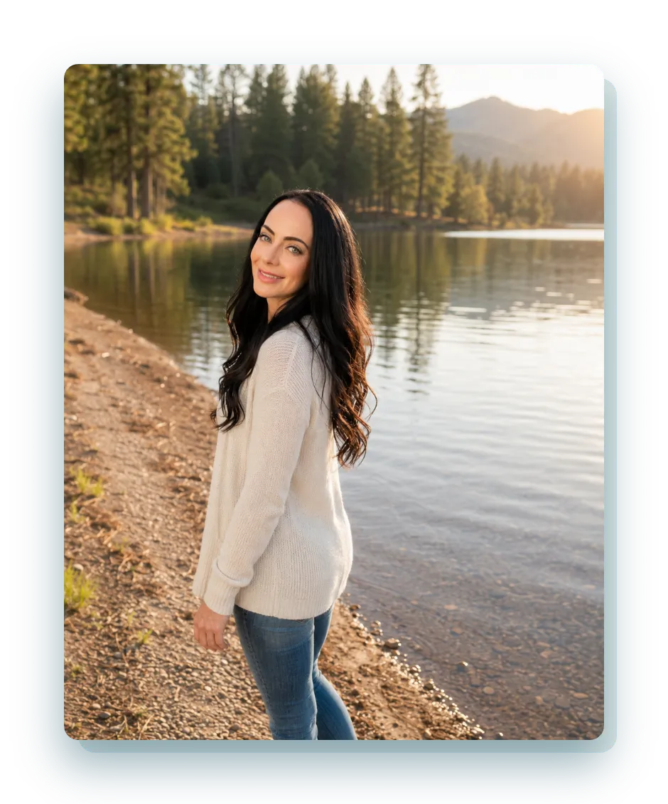 Jen standing by a lake at golden hour with pine forest and mountains in Idaho