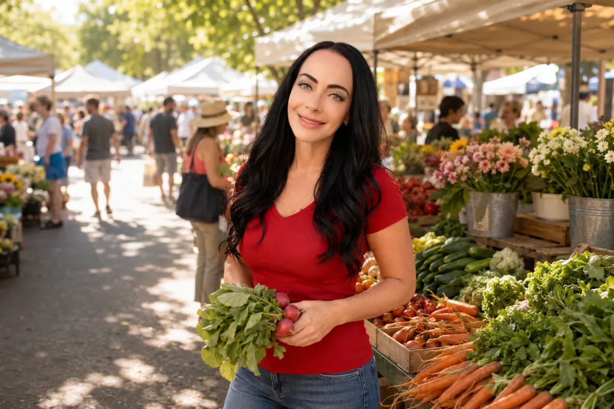 Jen at a sunny farmers market holding fresh radishes, surrounded by produce and flowers