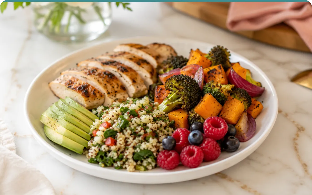 A colorful plate of grilled chicken, roasted vegetables, quinoa, avocado, and fresh berries on a bright marble counter