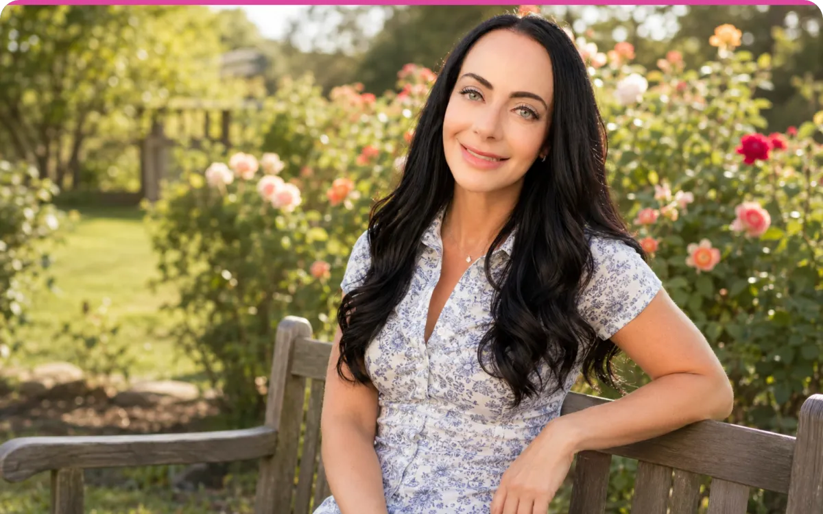 Jen Sells sitting on a wooden garden bench in a blue floral button-up blouse, smiling, with roses and greenery behind her.