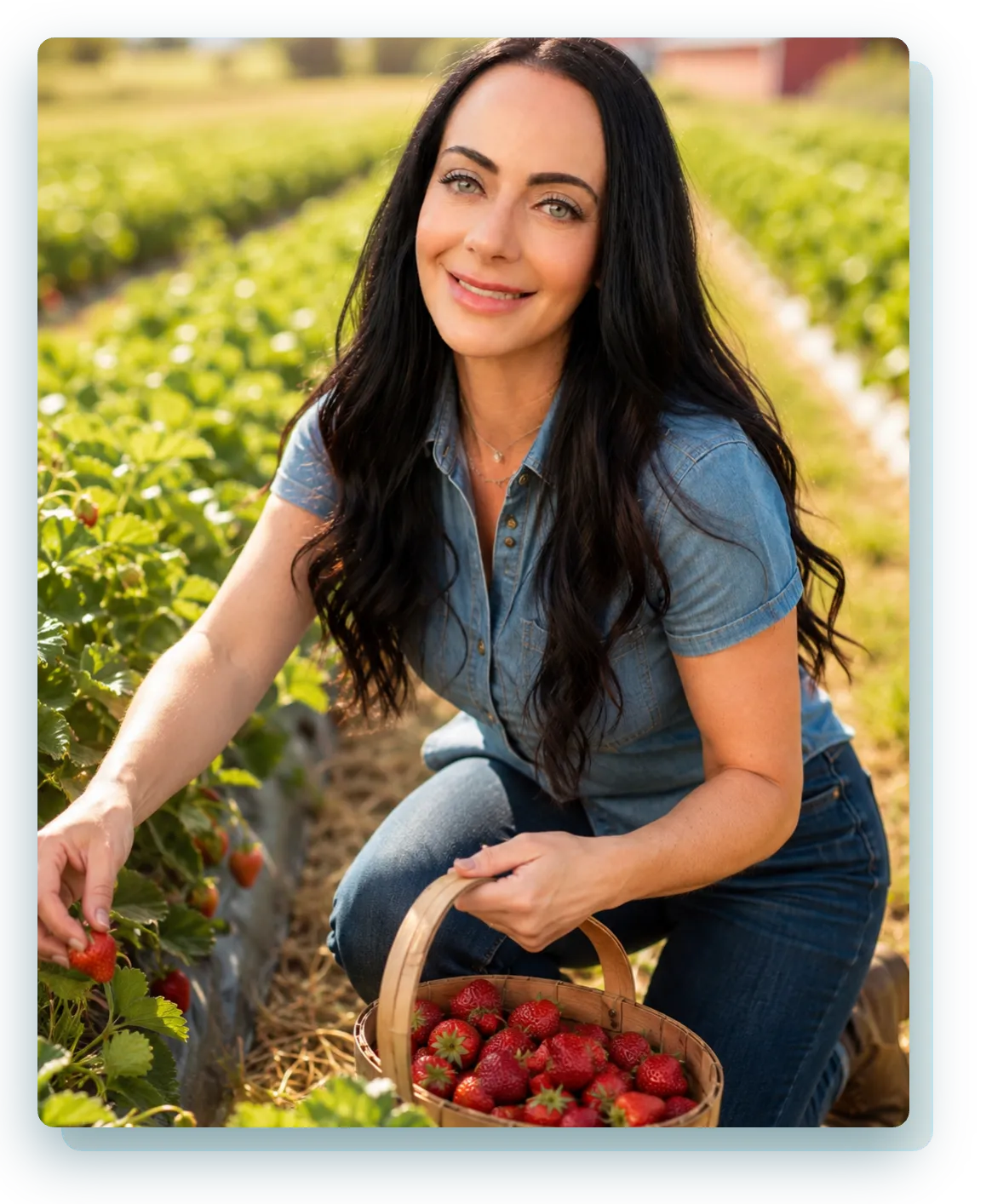 Jen Sells kneeling in a strawberry field at a sunny U-pick farm, holding a basket of ripe berries and reaching to pick one, smiling in a denim shirt.