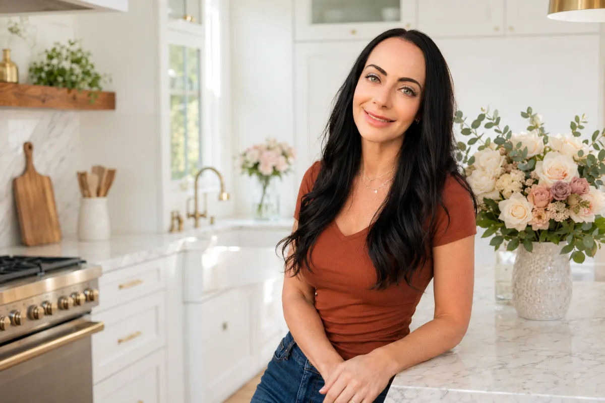 Jen Sells leaning on a marble kitchen counter in a rust top, smiling warmly at the camera, with fresh flowers and a bright white kitchen around her.