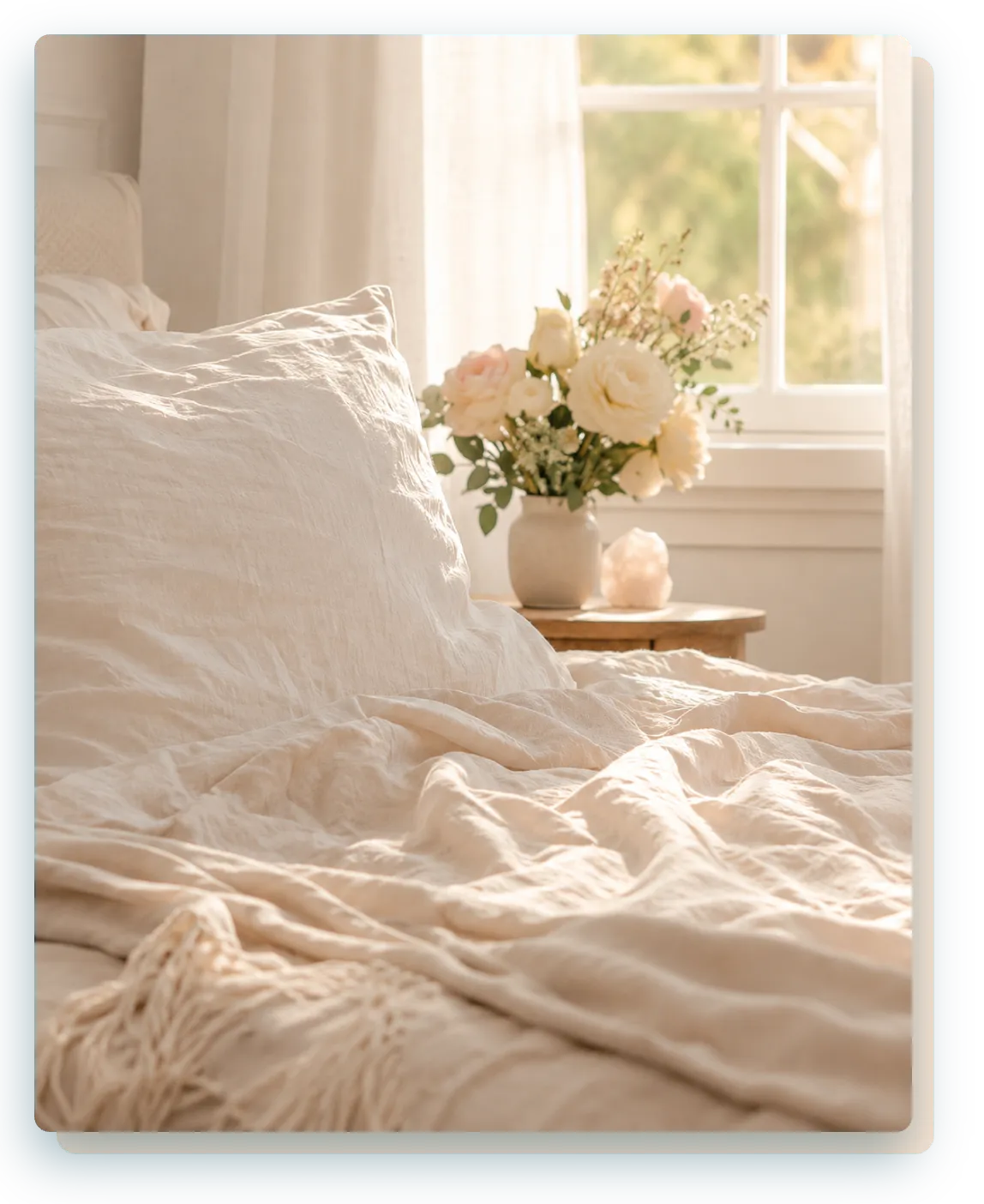 A cozy unmade bed with cream linen bathed in warm morning light, with blush roses on the nightstand