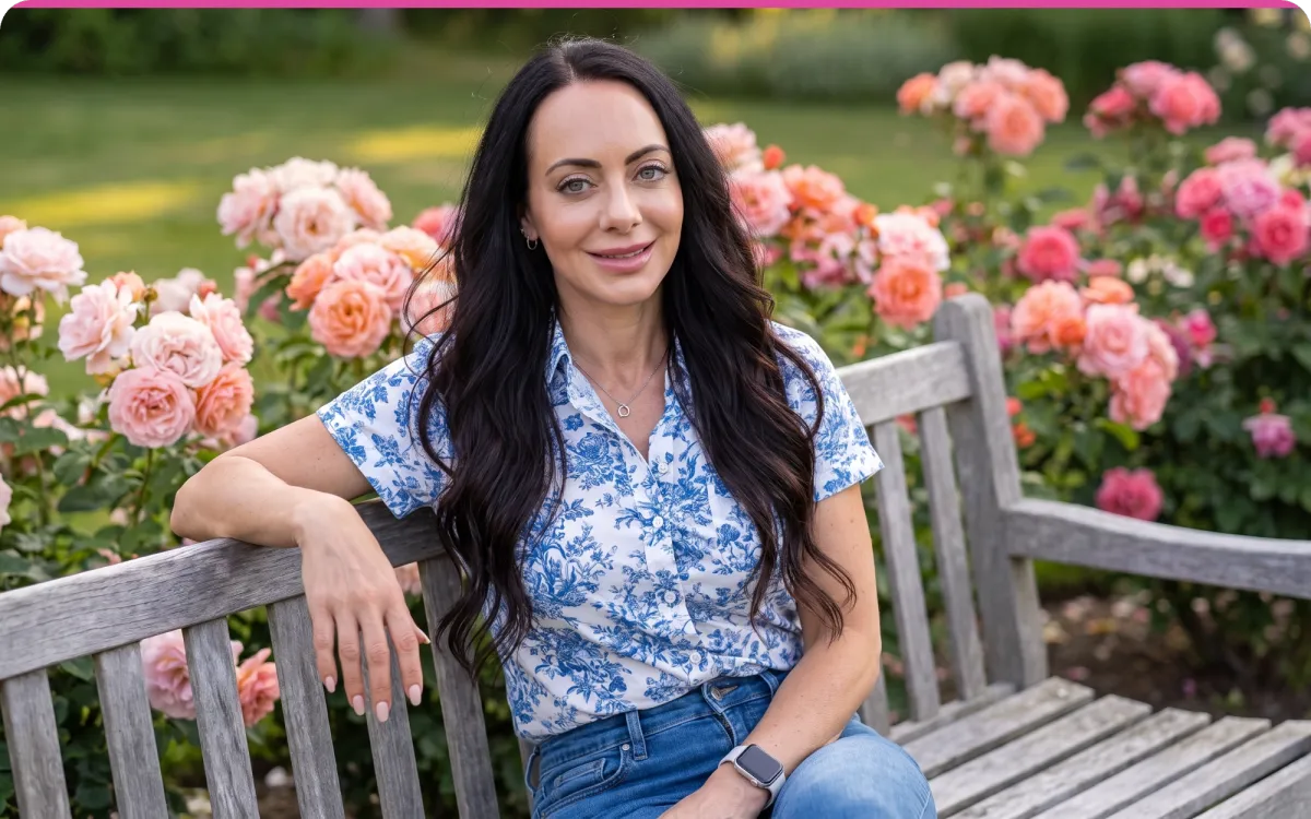 Jen Sells sitting on a wooden garden bench in a blue floral button-up blouse, smiling, with roses and greenery behind her.