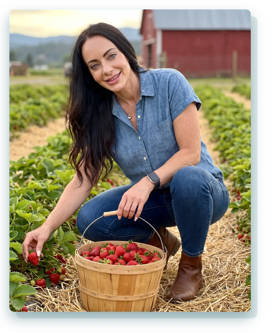 Jen Sells kneeling in a strawberry field at a sunny U-pick farm, holding a basket of ripe berries and reaching to pick one, smiling in a denim shirt.