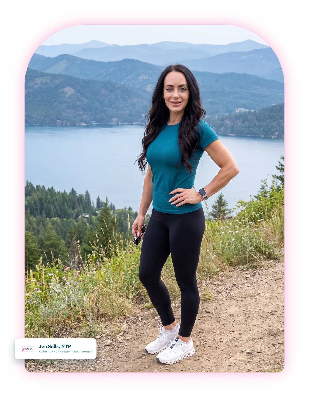 Jen Sells, Nutritional Therapy Practitioner, on a mountain trail overlooking Lake Coeur d'Alene, Idaho
