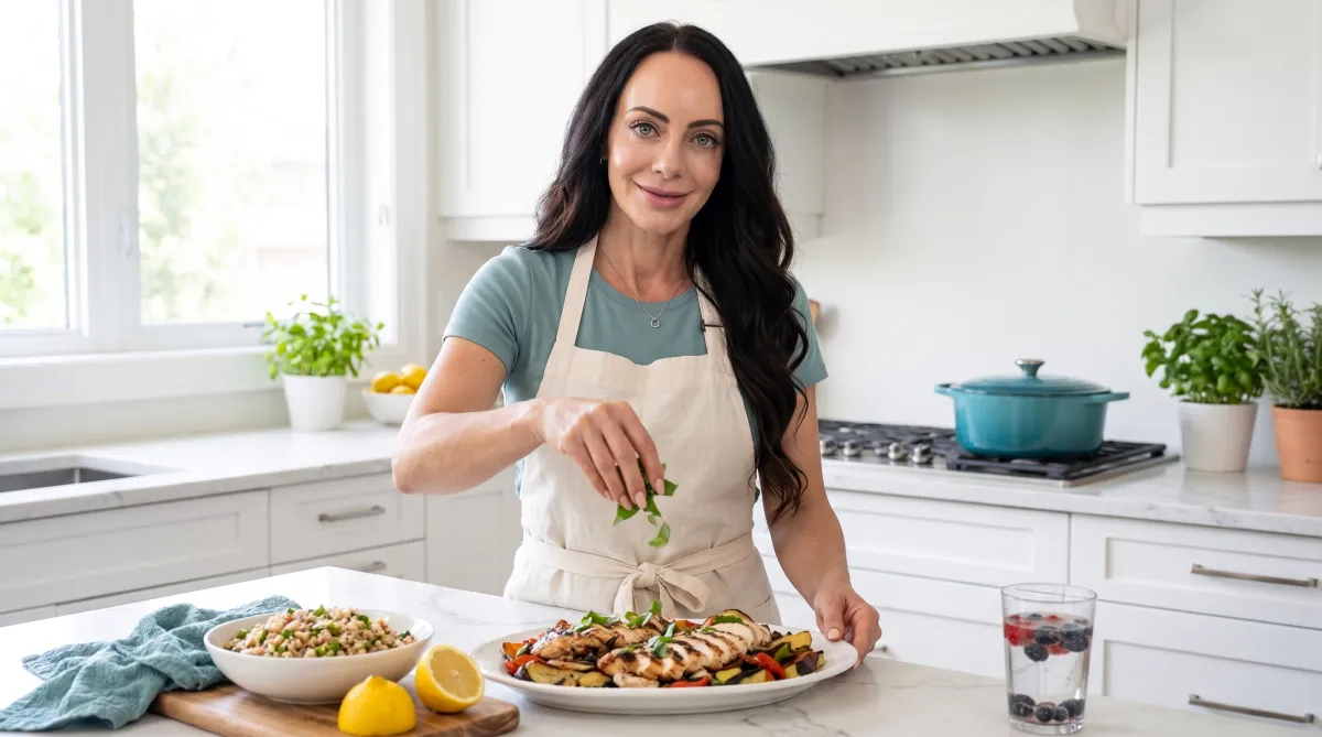 Jen Sells, Nutritional Therapy Practitioner, adding fresh basil to a platter of grilled chicken and roasted vegetables in her kitchen