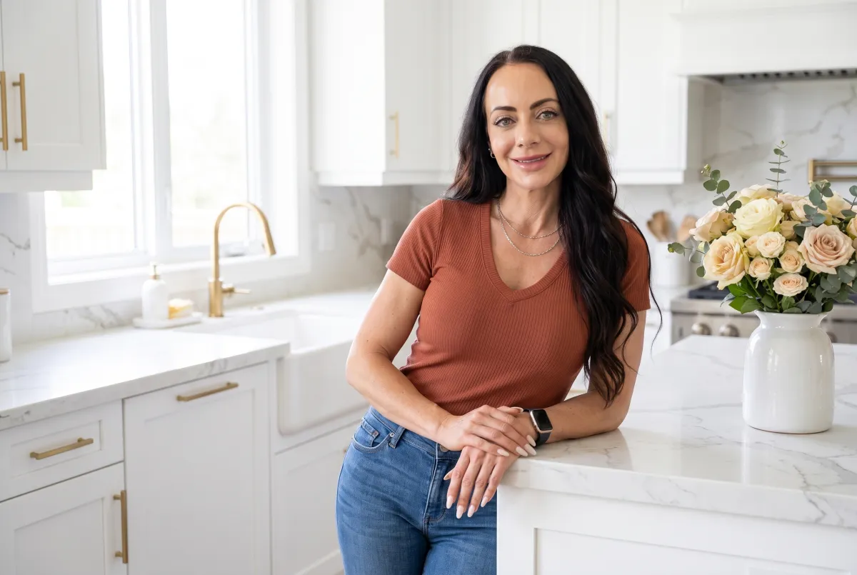 Jen Sells leaning on a marble kitchen counter in a rust top, smiling warmly at the camera, with fresh flowers and a bright white kitchen around her.
