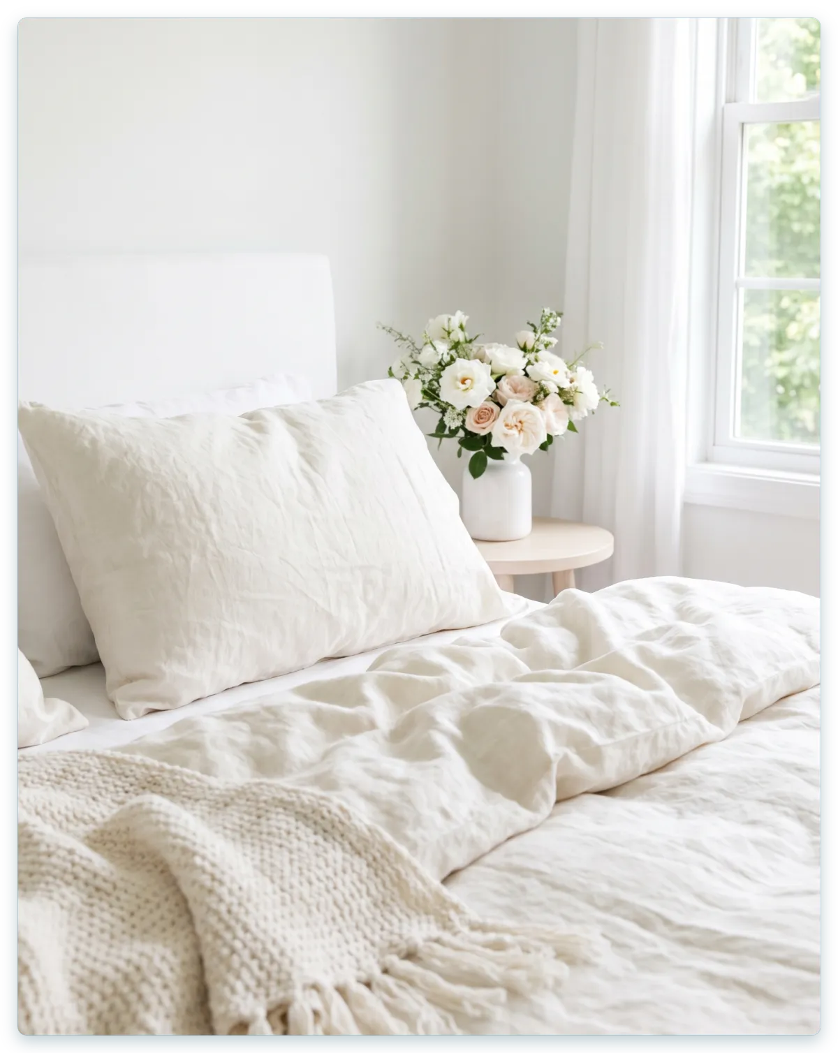 A cozy unmade bed with cream linen bathed in bright morning light, with white and blush roses on the nightstand