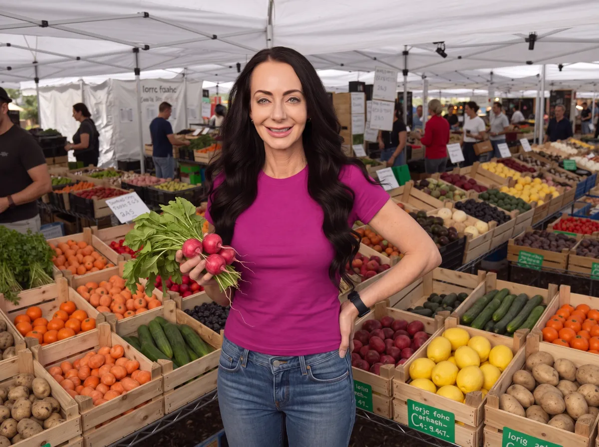 Jen at a sunny farmers market holding fresh radishes, surrounded by produce and flowers