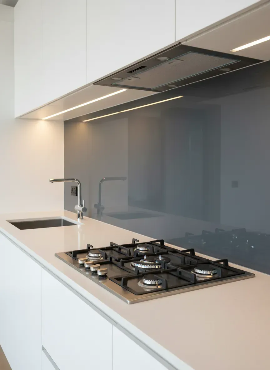 Modern kitchen glass splashback installation.
