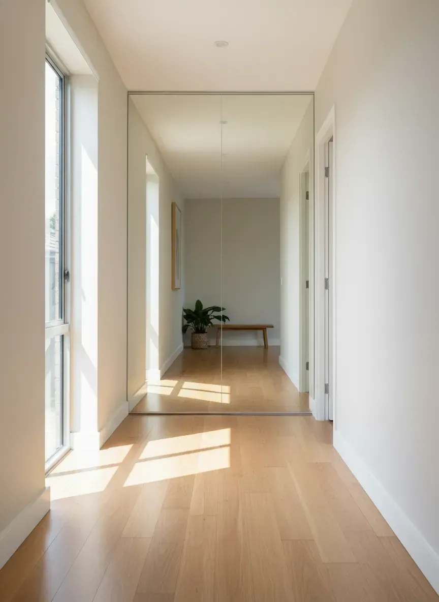 Brisbane hallway with full height wall mirror creating light and depth