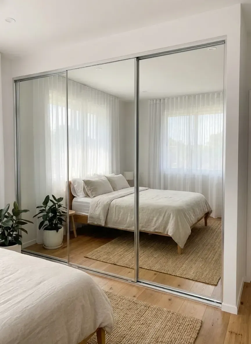 modern Brisbane bedroom with frameless mirrored wardrobe doors
