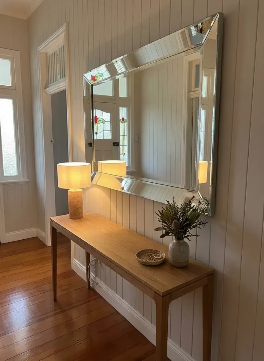 decorative bevelled edge wall mirror above console in Brisbane home