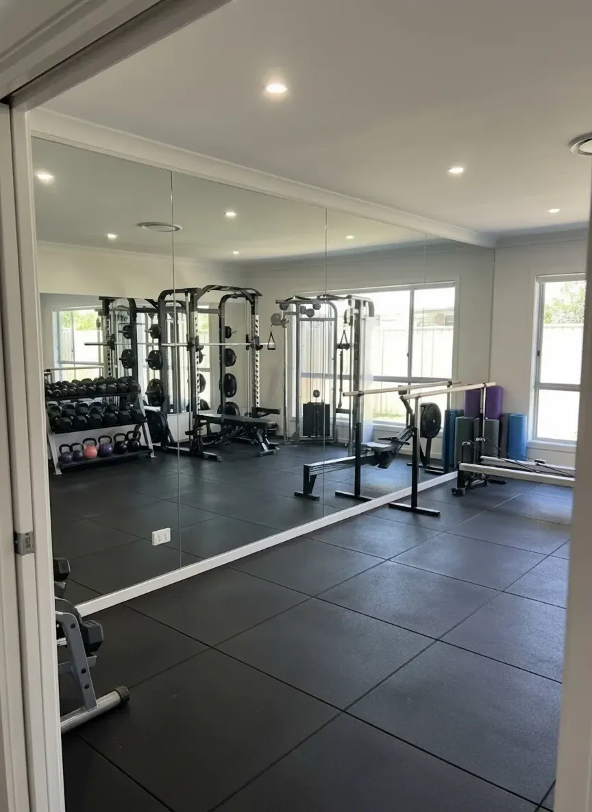 home gym with full wall cut to size mirror in Brisbane