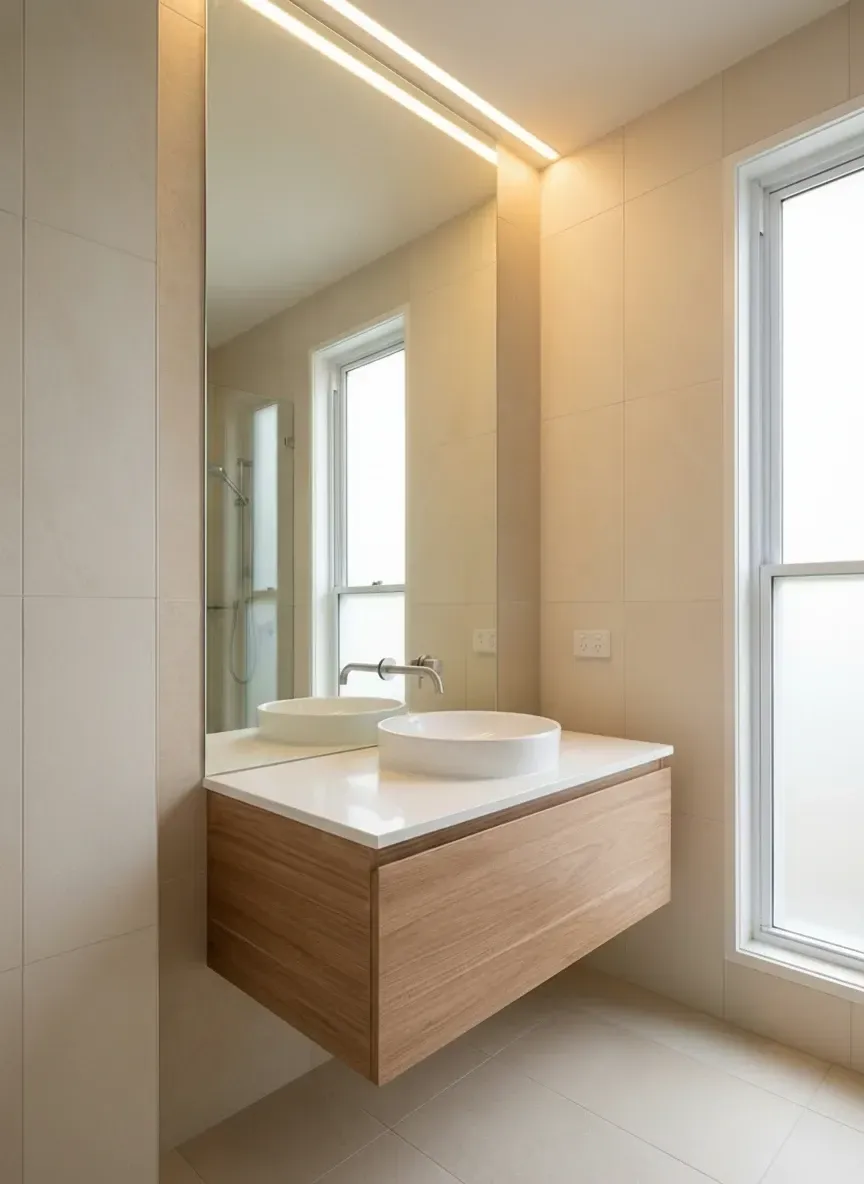 small Brisbane bathroom with large frameless vanity mirror