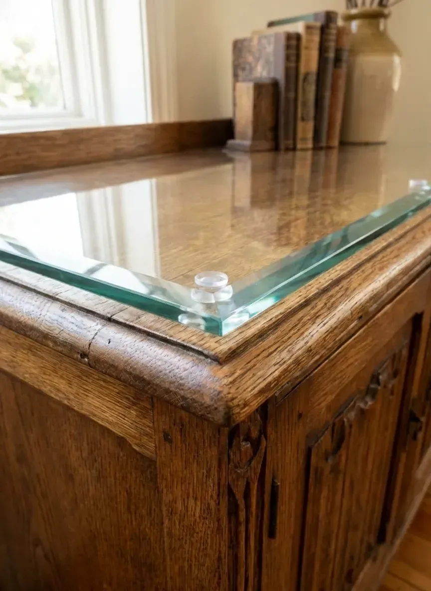 antique timber table with glass top using clear silicone bumpers for airflow