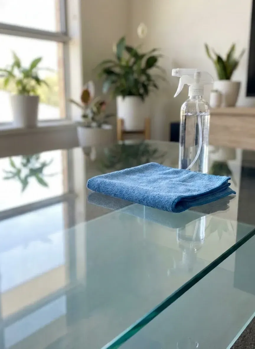 microfibre cloth and glass cleaner on glass tabletop for easy maintenance