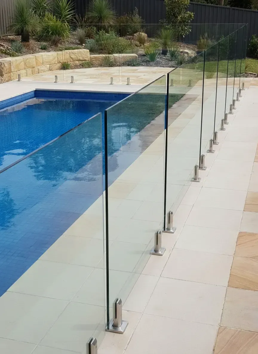 12mm frameless glass pool fence panels following pool edge in Brisbane yard