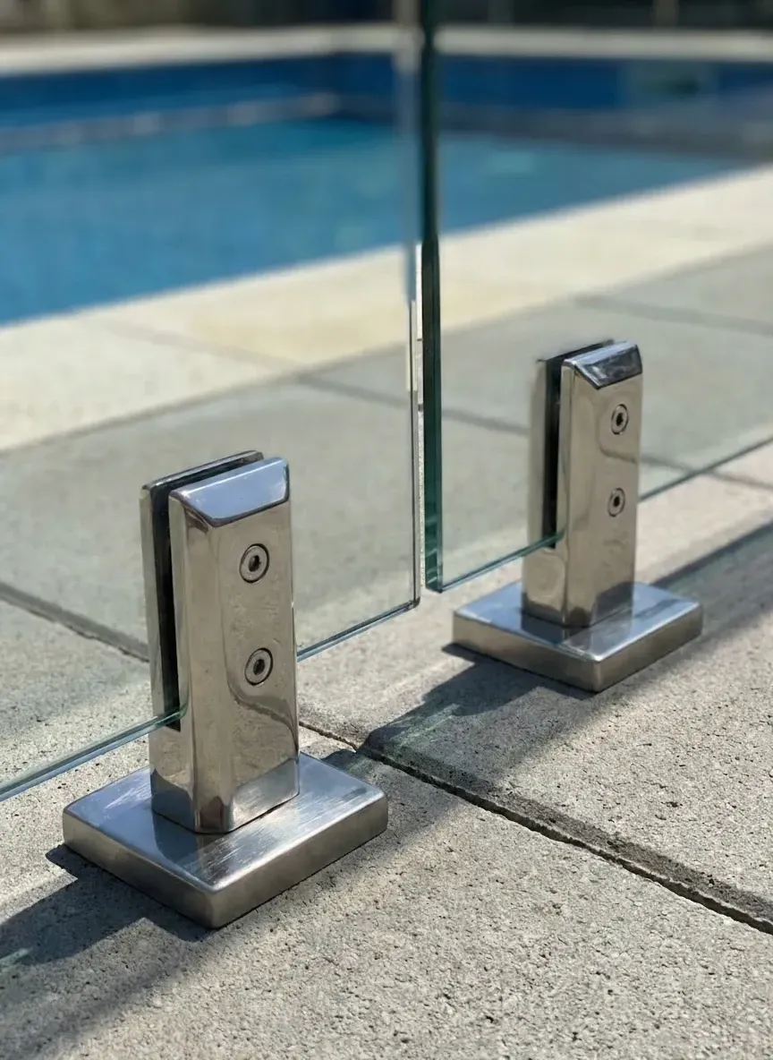 stainless steel spigots securing frameless glass pool fence panel on pavers