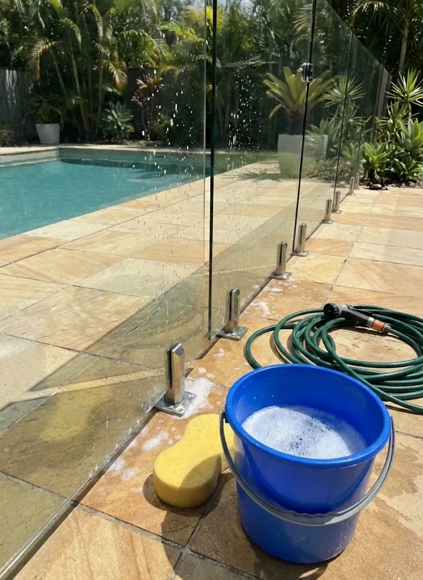 cleaning glass pool fence with warm soapy water and rinsing stainless steel spigots