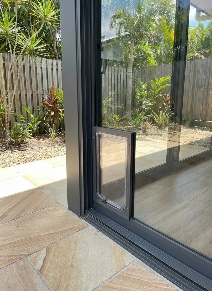 large dog door installed into glass sliding door facing Brisbane backyard