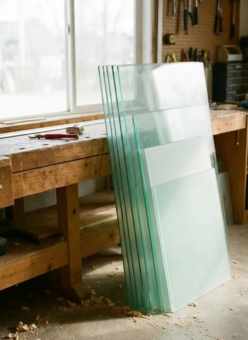 cut to size glass sheets resting in local glazier workshop