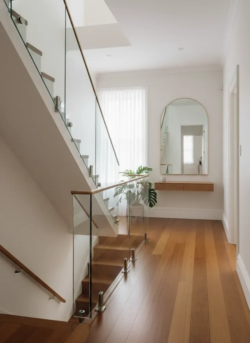 Modern custom glass feature installed in a Paddington Brisbane heritage home, blending traditional Queenslander architecture with contemporary glazing