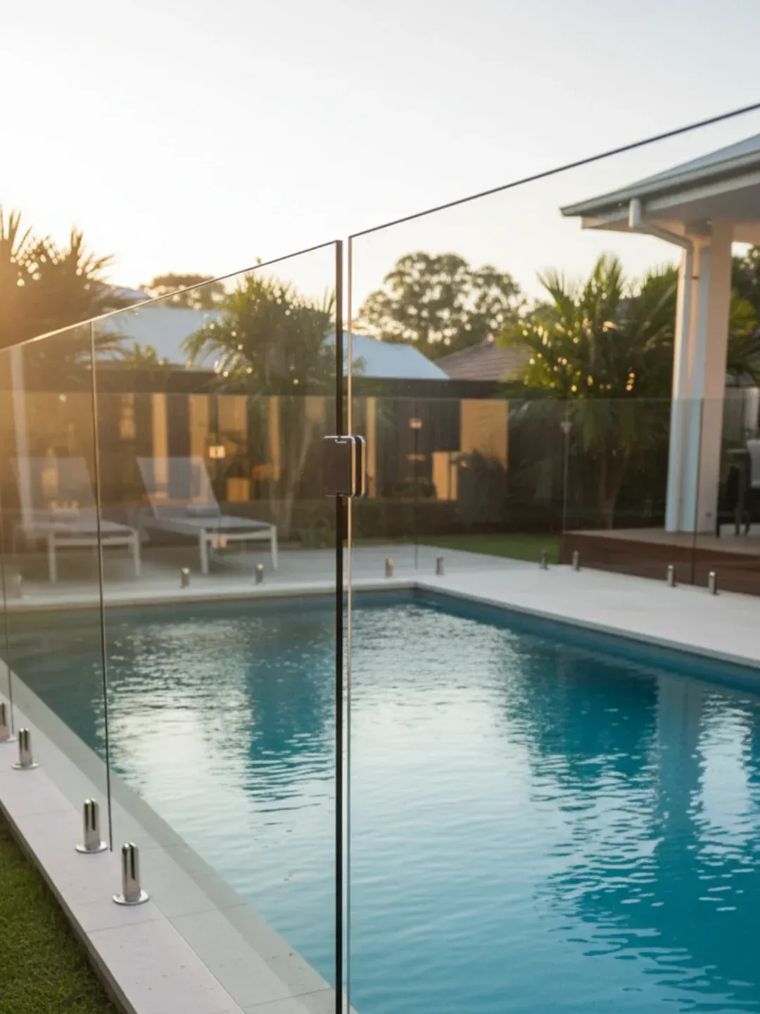 Frameless glass pool fencing system Teneriffe using 12mm toughened safety glass for clear visibility and pool safety compliance.
