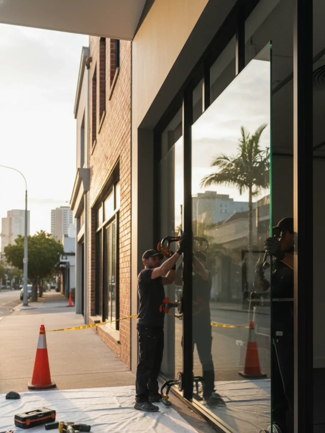 Shopfront glass replacement in Ascot with a large clear panel installed cleanly to restore security and presentation.