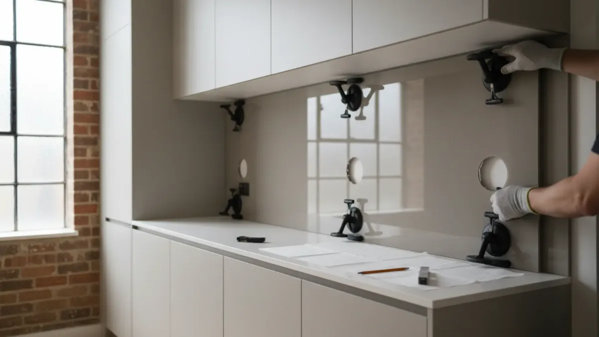 Glass splashback cut to size in Ascot with precise power point cut-outs and seamless modern finish.