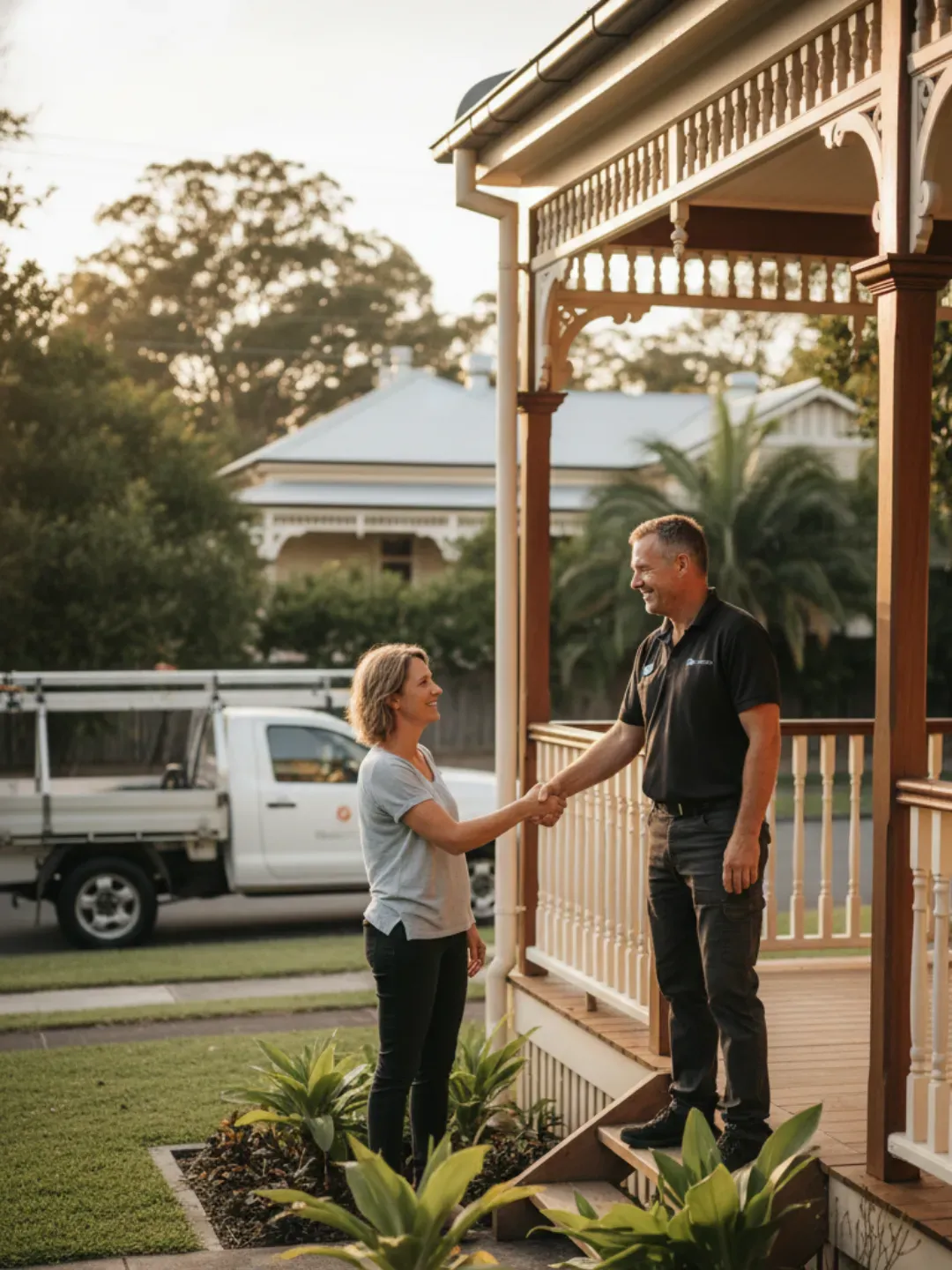 Ascot glazier greeting a homeowner outside a Queenslander home before a glass installation