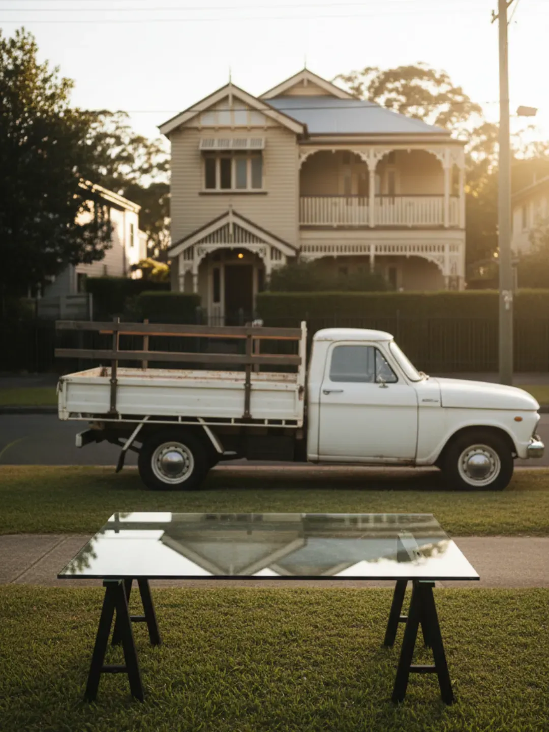 Family-owned Ascot glazier story with work ute and safely supported glass panel outside a Queenslander home.