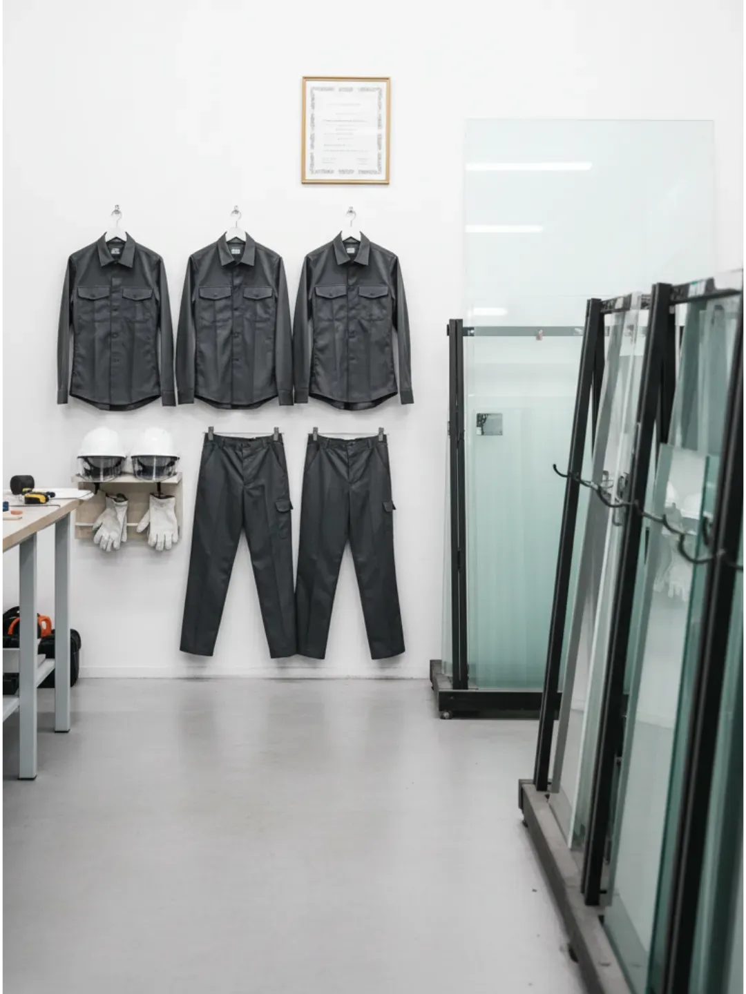 Glazier workshop setup showing safety gear and training environment for qualified Ascot glazing team