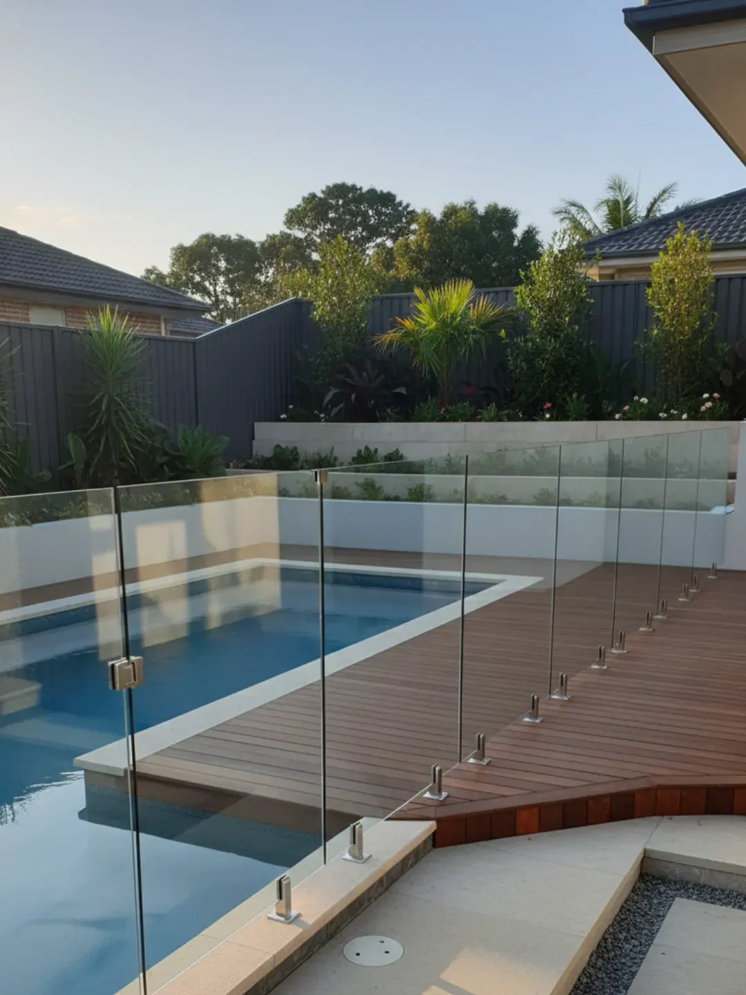 Custom glass pool fence configuration in Ascot tailored to curved landscaping and level changes.