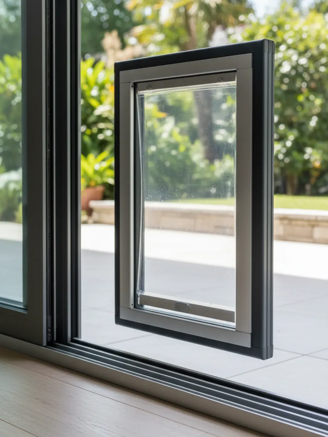 Heavy-duty dog door integrated into a glass sliding door in Ascot with aluminium frame and weather seals.