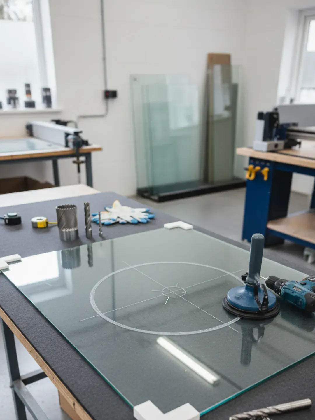 Precision cut-out setup for pet door installation into suitable glass types in Ascot using professional glazing tools.