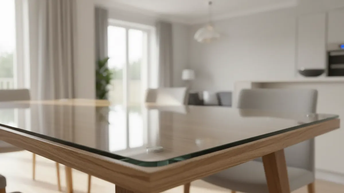 Custom glass tabletop protector in Ascot with polished edges and safety radius corners for furniture protection.