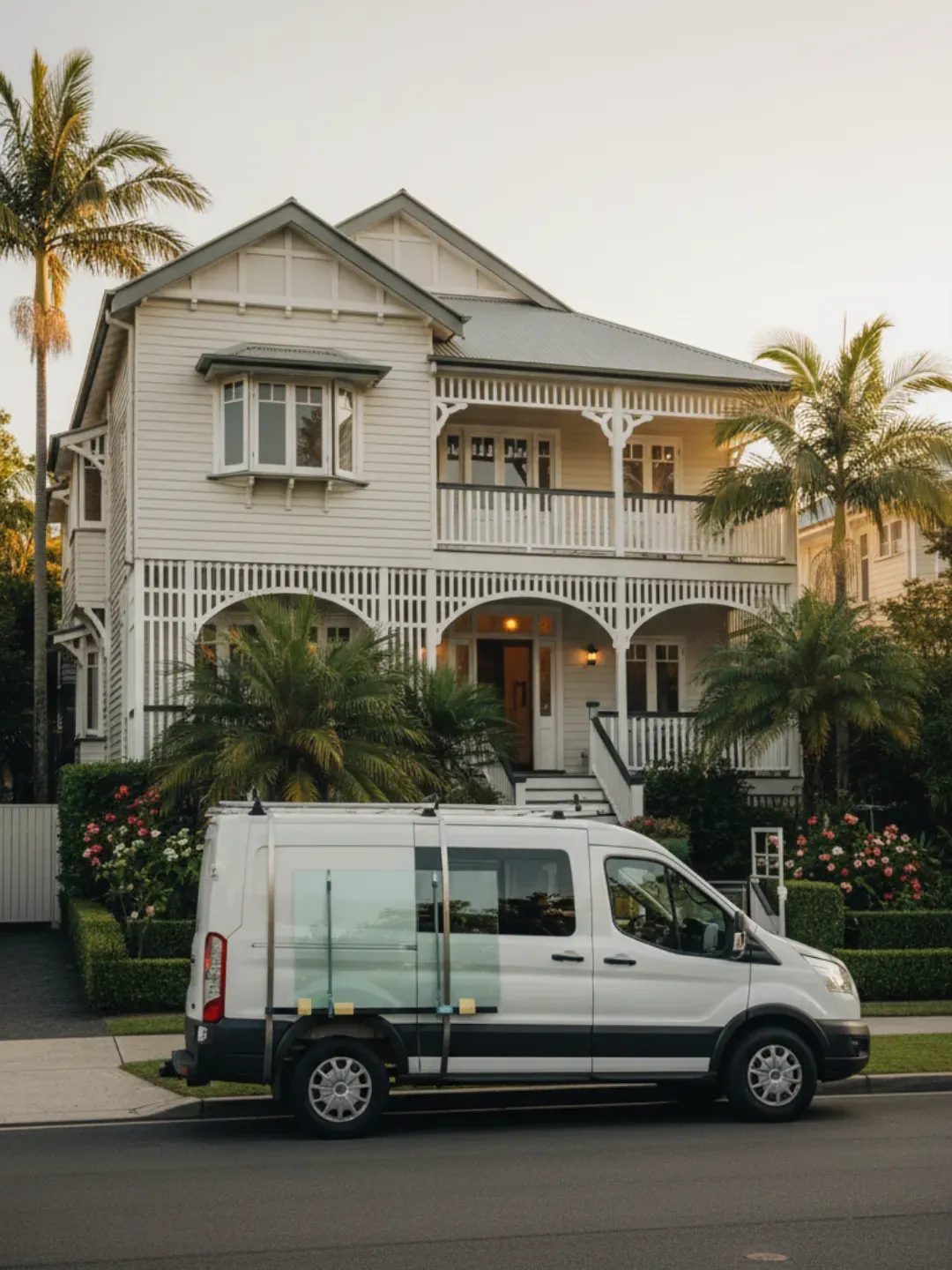 Locally owned Hamilton glazier service vehicle parked outside Brisbane Queenslander home