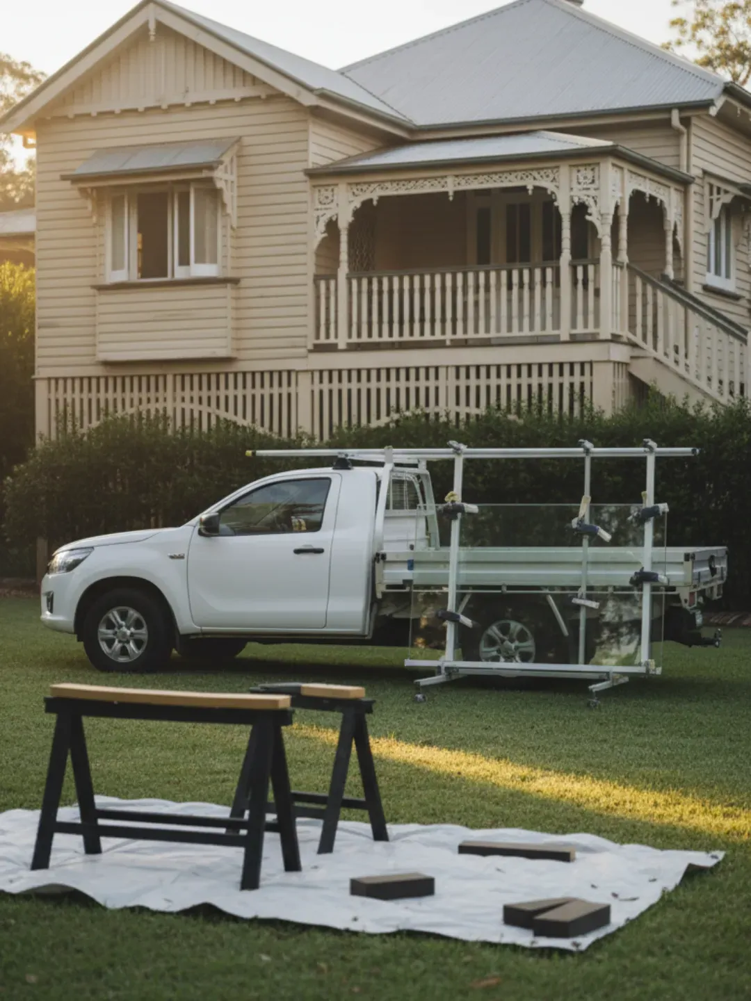 Hamilton glazier local glass delivery setup with A-frame truck and protected work area