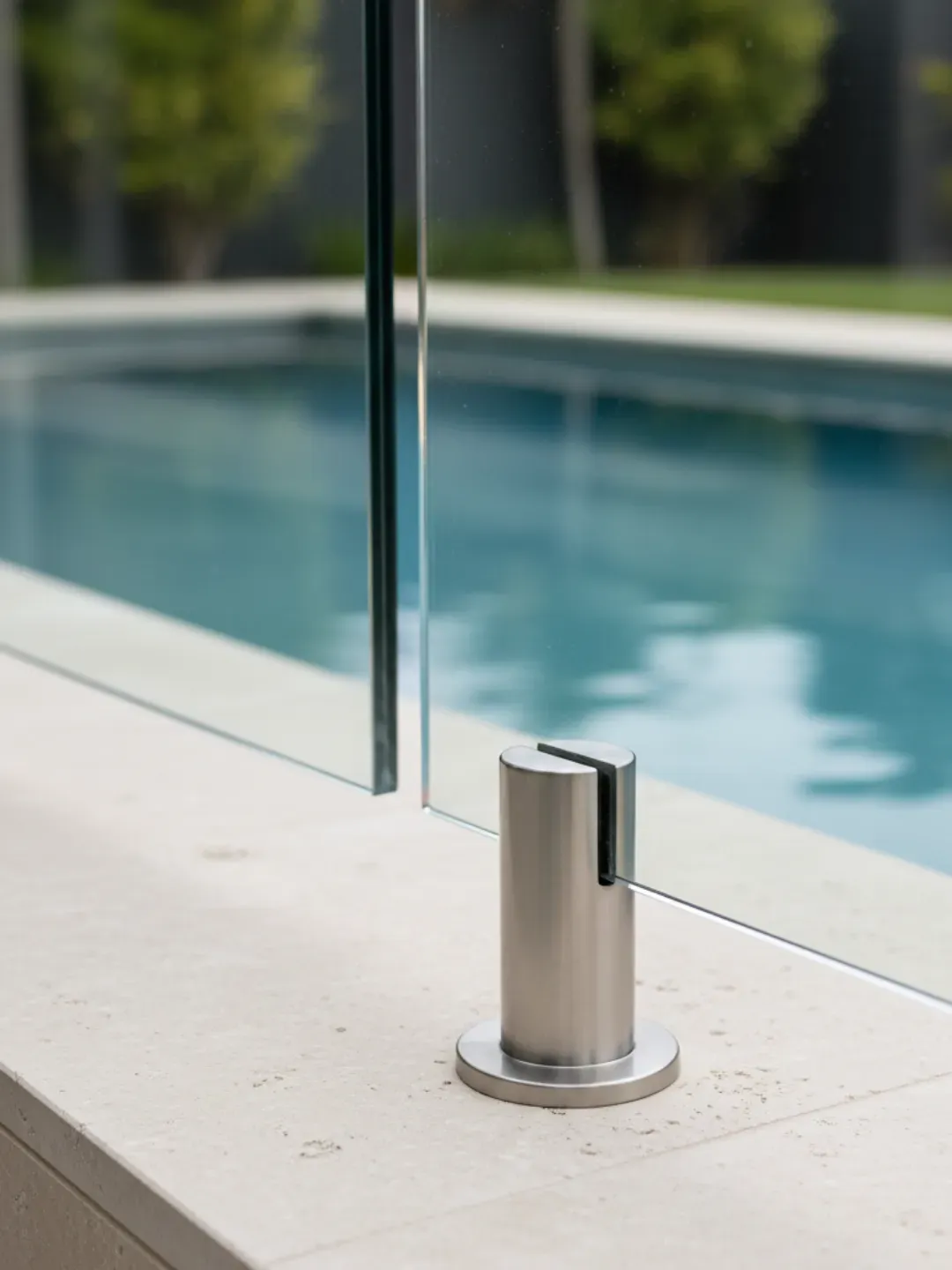 Duplex stainless steel spigots securing frameless glass pool fencing in Bulimba’s riverside climate
