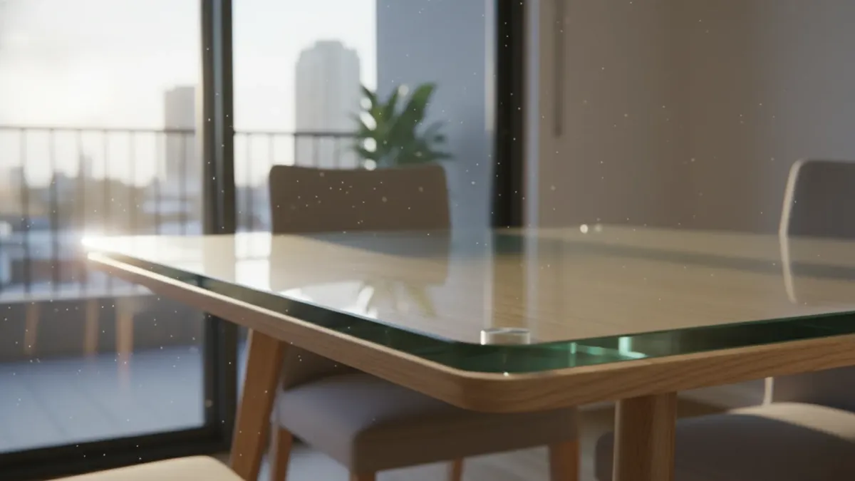 Safety tabletop glass cut to size west end using toughened glass with polished edges and custom corner radiuses.