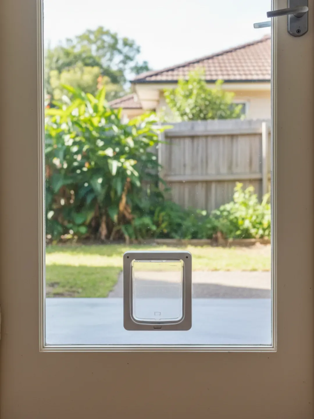 Custom toughened safety glass panel with pre-cut pet door aperture, polished edges, made to measure