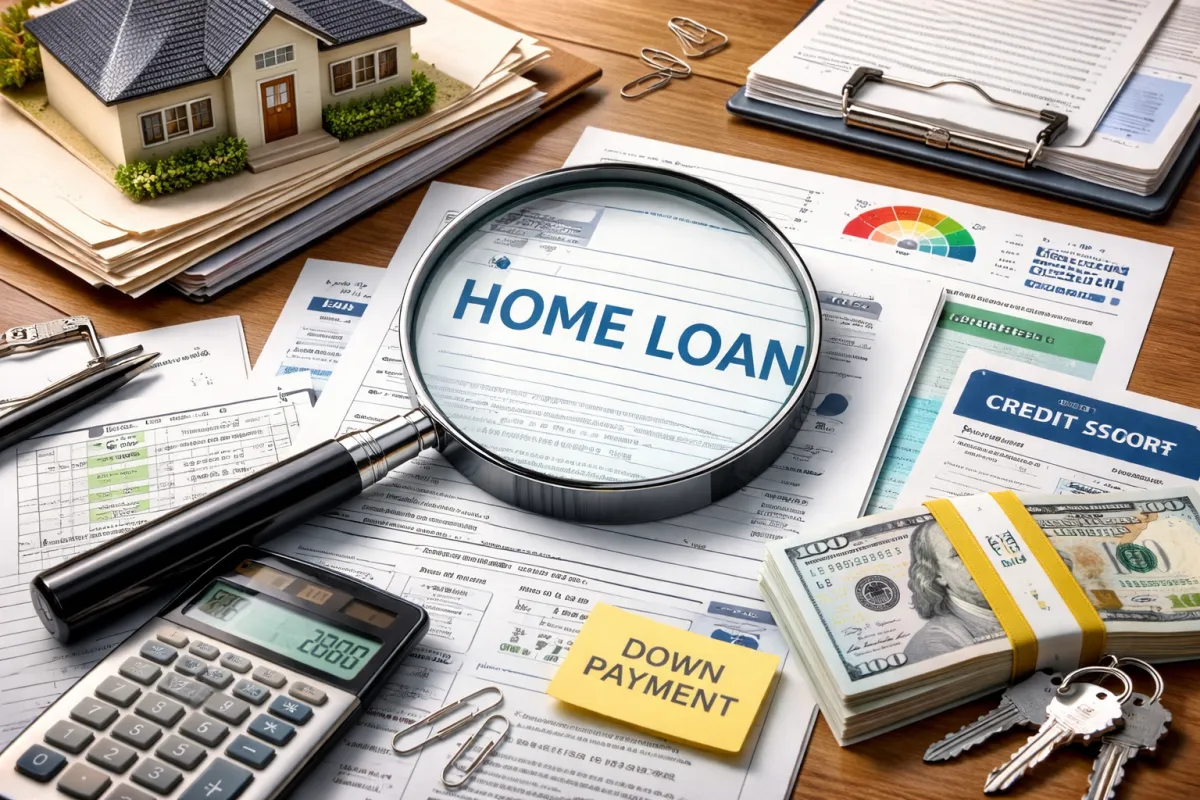 Magnifying glass over home loan documents with house keys money and a calculator on the desk representing mortgage underwriting review
