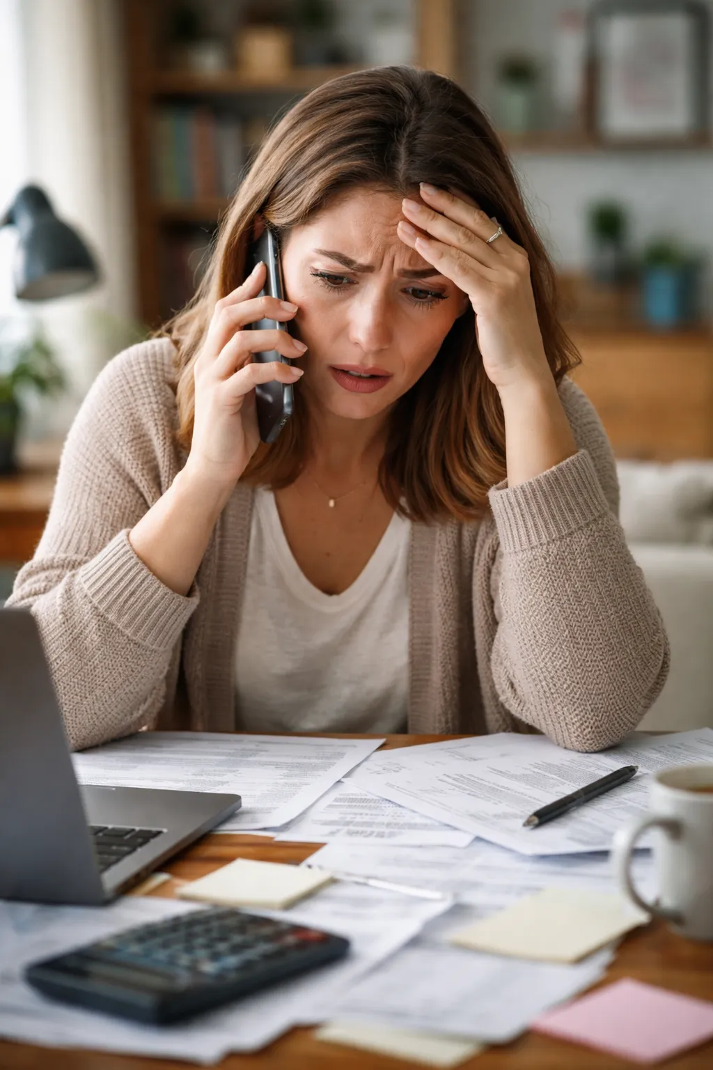Stressed woman on the phone at a desk with papers in disarray and a laptop and calculator in front of her representing a home loan problem before closing