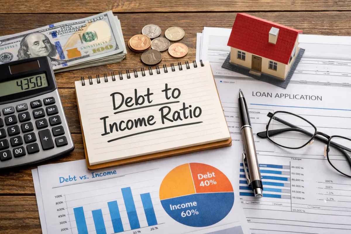 Desk with a notebook showing the words Debt to Income Ratio with a pen calculator glasses money and documents